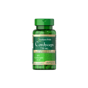Puritan's Pride Cordyceps 750 mg 60 Rapid Release Capsules, inspired by the Tibetan Highlands and infused with Cordyceps, come in a green bottle with a label.